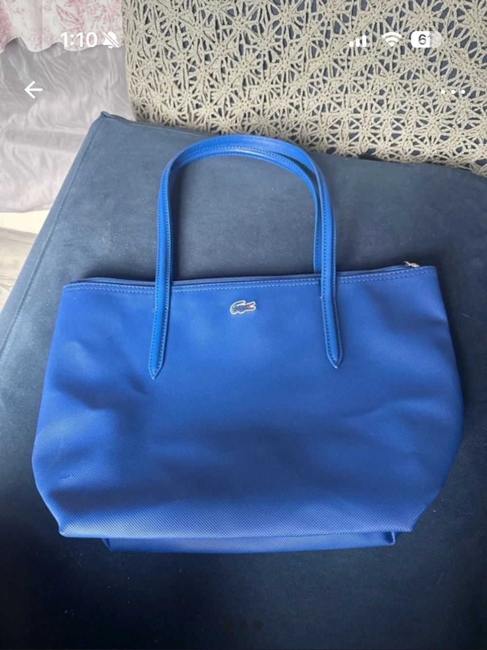 Lacoste Blue Textured Tote with Crocodile Patch